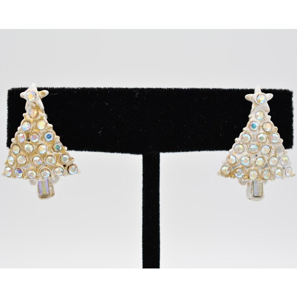 Vintage Christmas Tree Clip On Earrings White Aurora Borealis Rhinestone BinAG